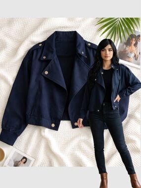 HYFVE Navy Blue Cropped Double-Breasted Zip oversized Jacket Size SMALL -LG NWT